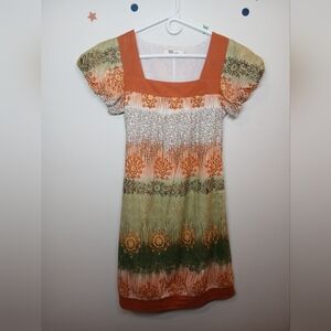 Aryeh Multicolor Boho Print Dress | Square Neck, Puff Sleeve | Size S